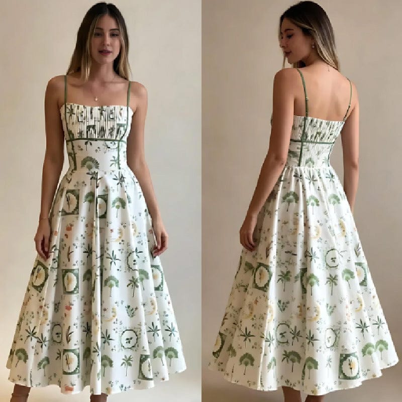 New French Style Printed Strappy Women's Dress - detail