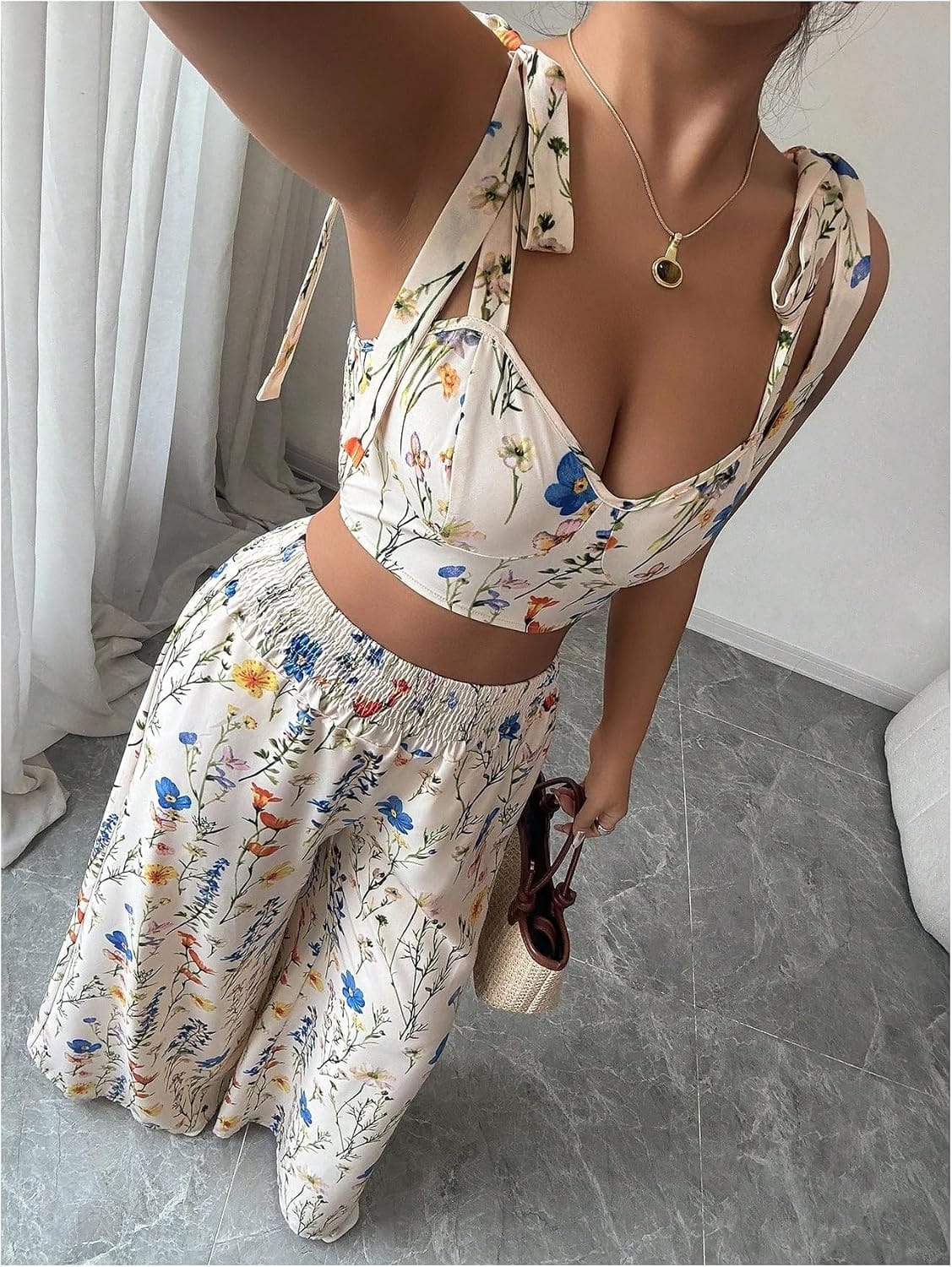 High-Waisted Wide-Leg Printed Pants Two-Piece Set
