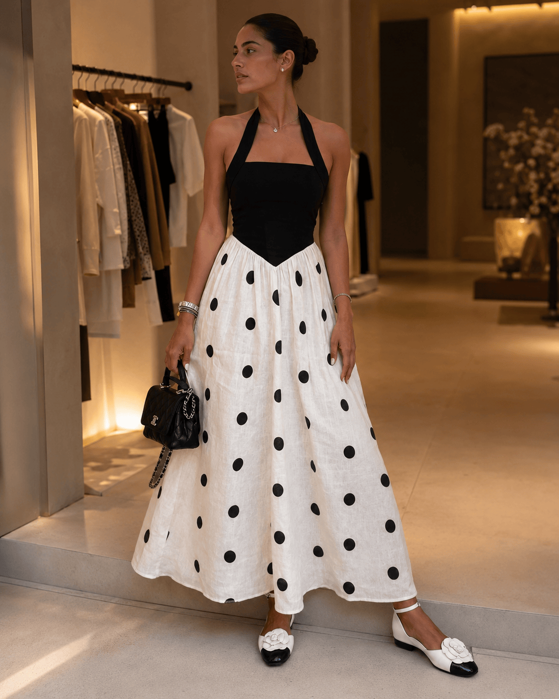 Classic Black-and-White Maxi Dress with a Modern Silhouette