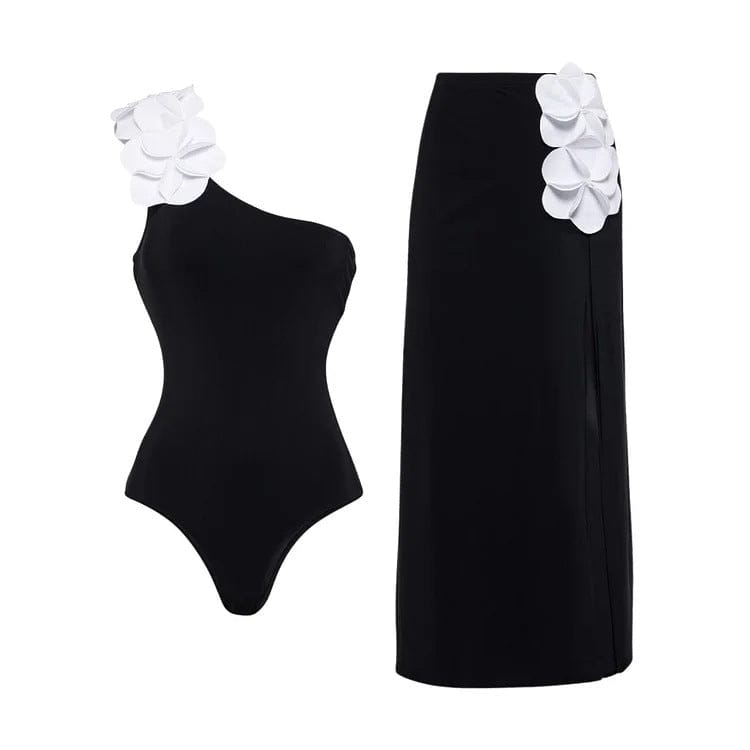 Women's 3D Floral Strapless Black-and-White Contrast One-Piece Swimsuit