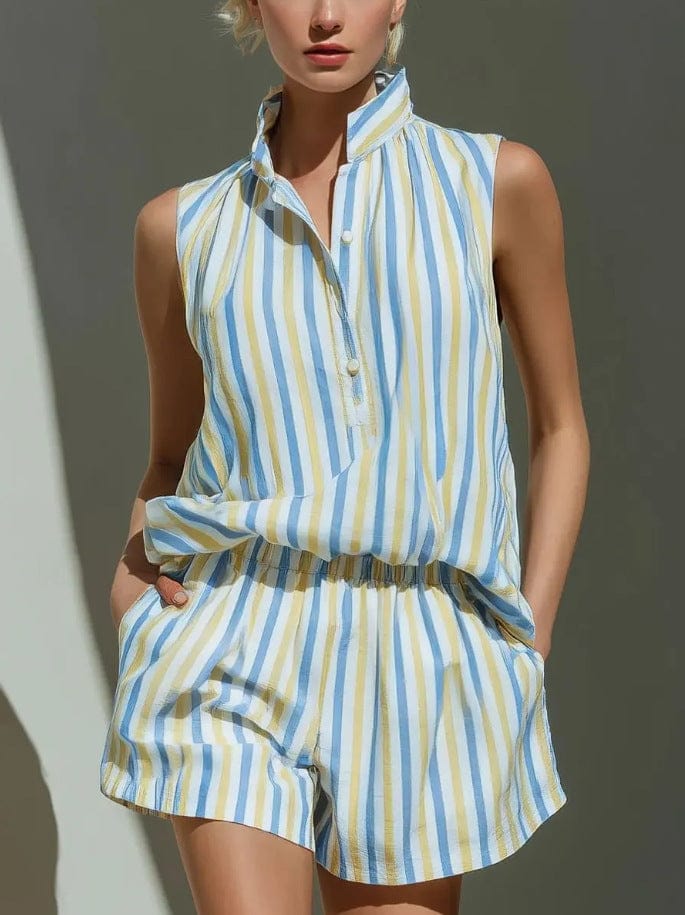 Women's Linen-Blend Striped Sleeveless Relaxed-Fit Shorts Set