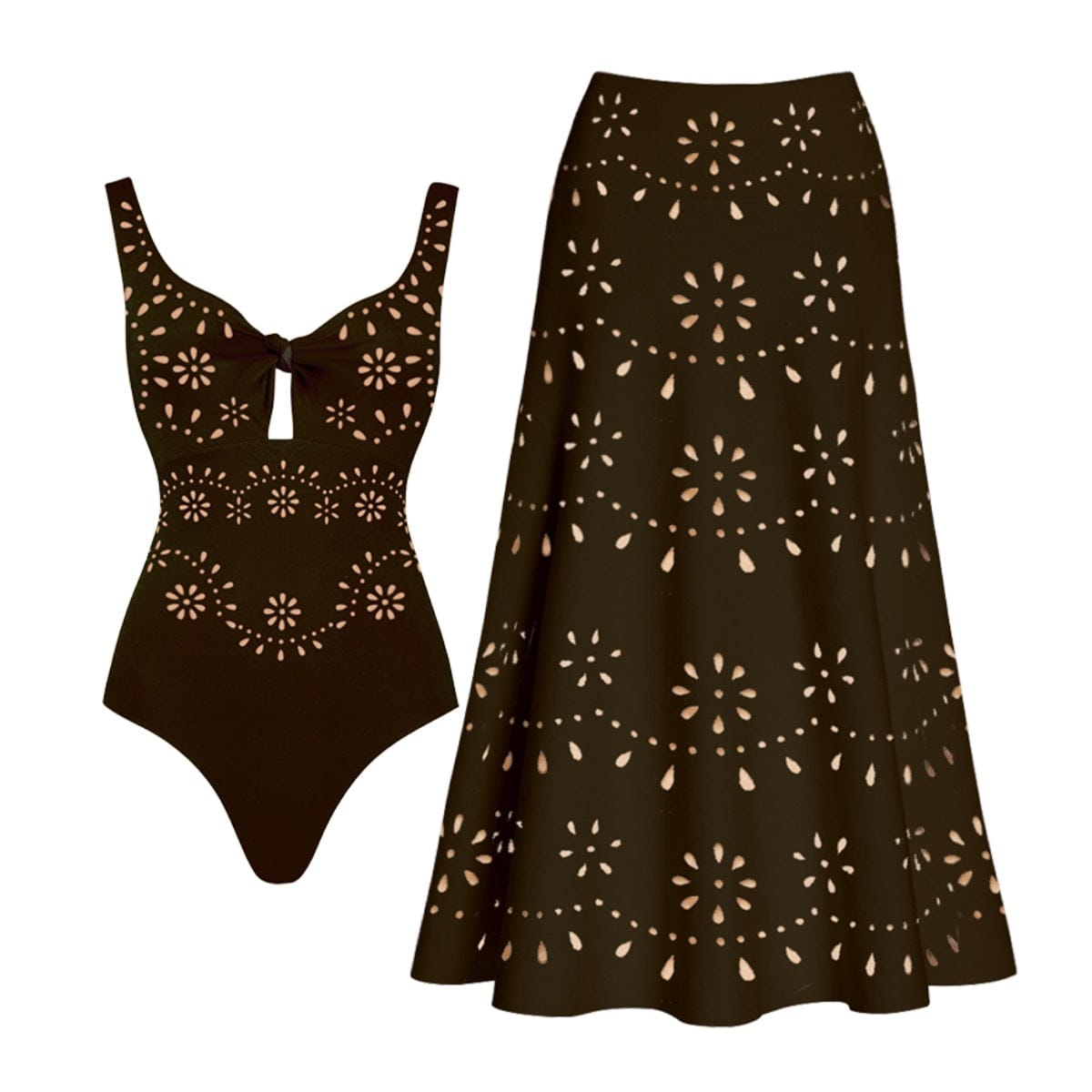 Women's Laser-Cut Broderie Swimsuit and Skirt Two-Piece Premium Beach Set