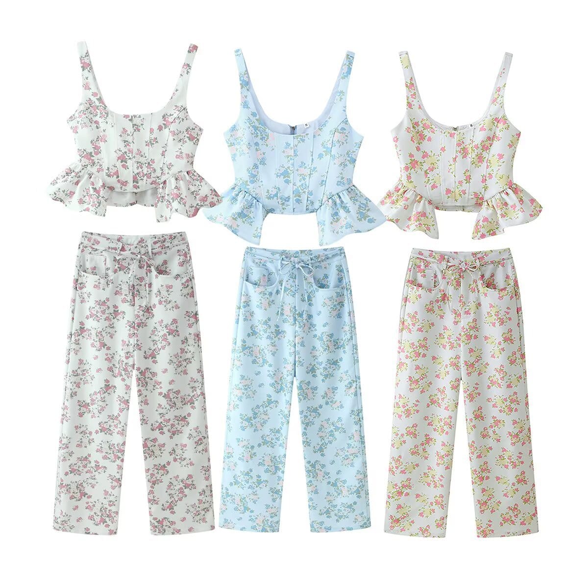 High-Waisted Wide-Leg Printed Pants Two-Piece Set