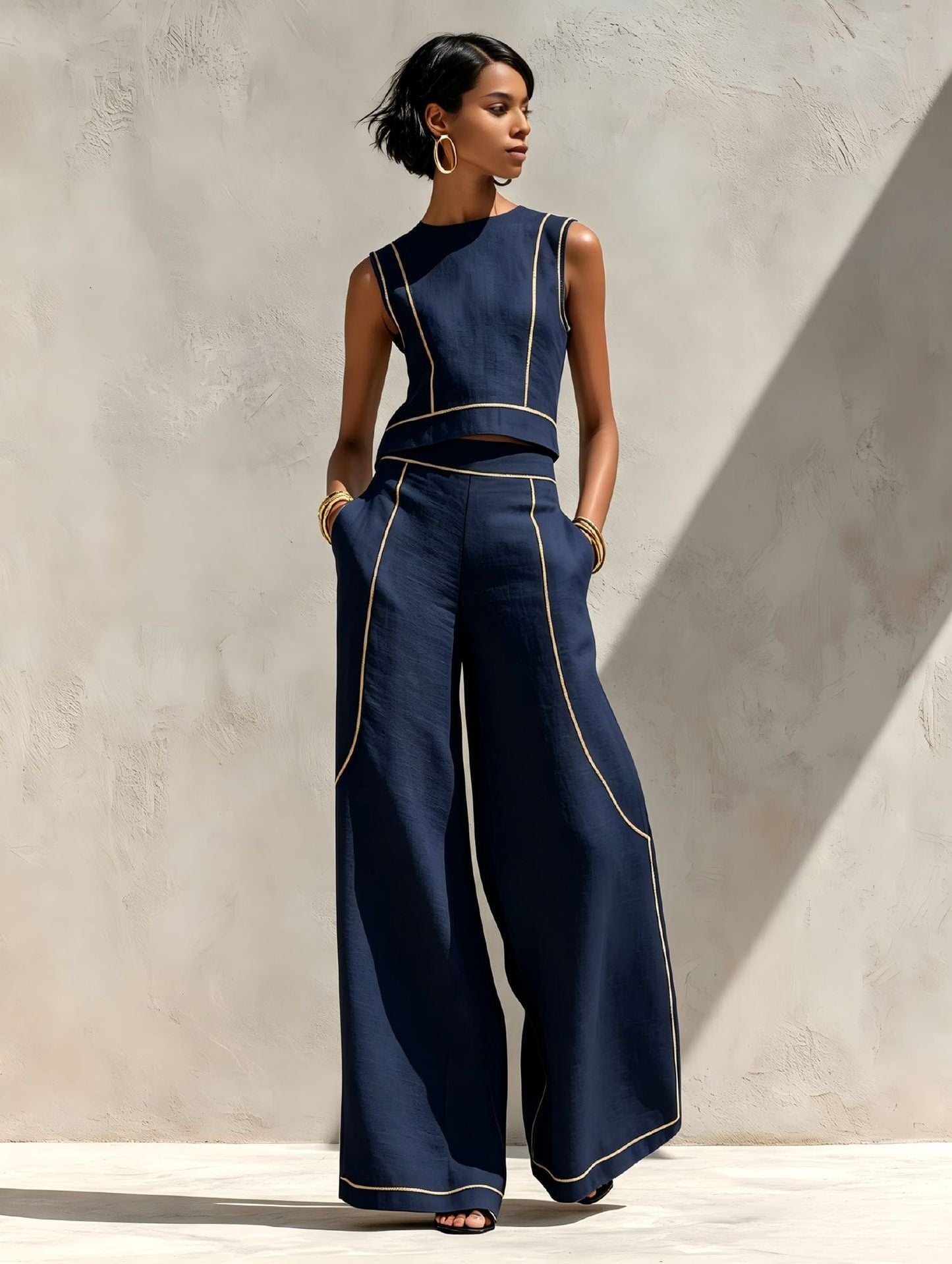 Modern Contrast-Stitch Linen Two-Piece Set