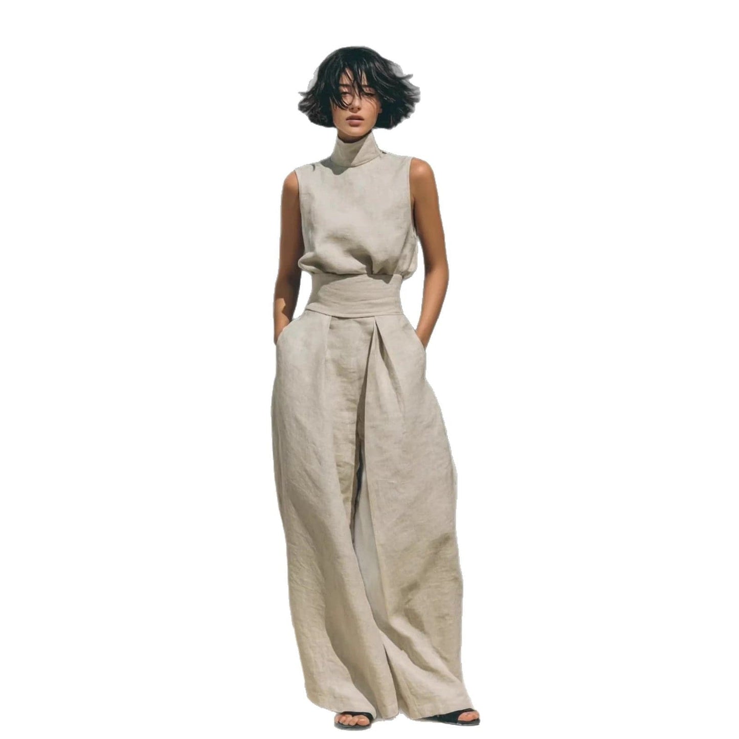 Premium Mock-Neck Sleeveless Cotton-Linen Two-Piece Set with Corset Waist