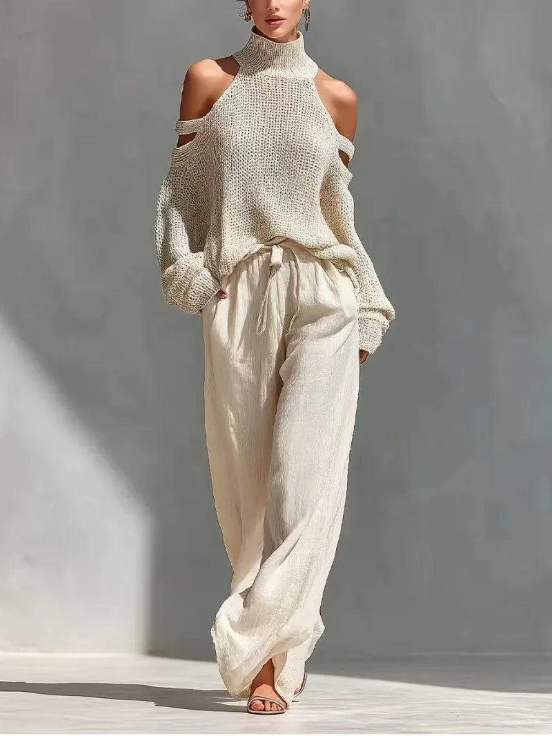Women's Openwork Off-Shoulder Wide-Leg Casual Vacation Top and Pants Set