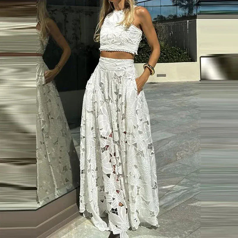 Women's Openwork Crochet Embroidered Sleeveless Top and Skirt Set