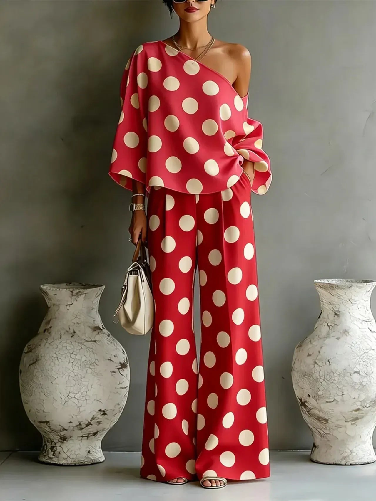 Women's Off-Shoulder High-Waisted Wide-Leg Printed Pants Set