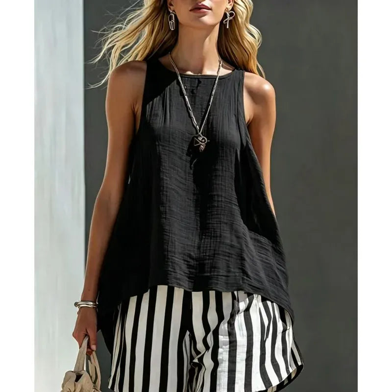 Women's Linen Striped Sleeveless Casual Vacation Top and Shorts Set