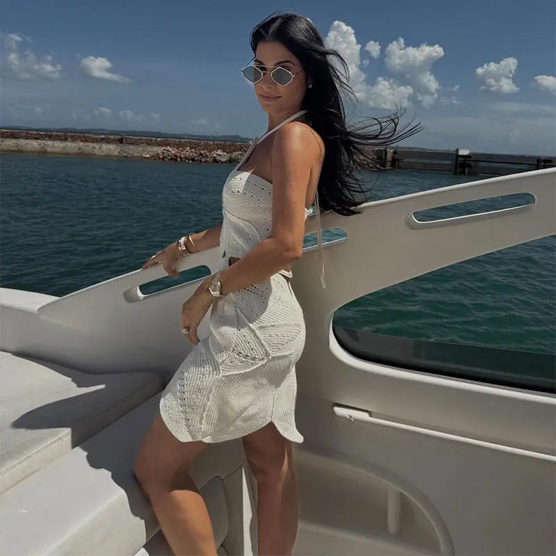 Women's Vacation Backless Off-Shoulder Lace-Up Crochet Dress