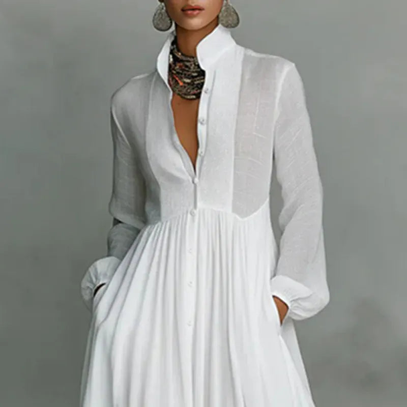 Women's Long-Sleeve High-Waisted Pleated Buttoned Maxi Occasion Dress