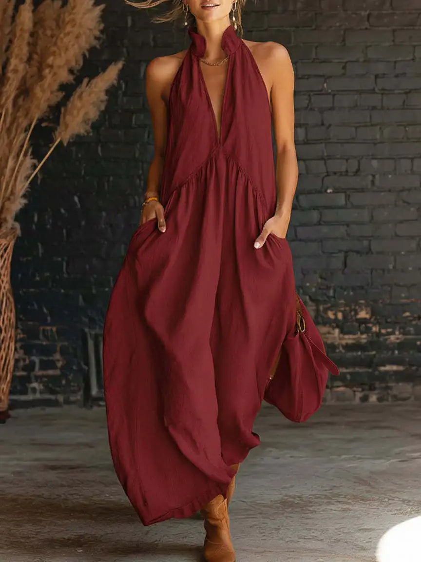 Women's Solid-Color V-Neck Off-Shoulder Sleeveless Casual Maxi Dress