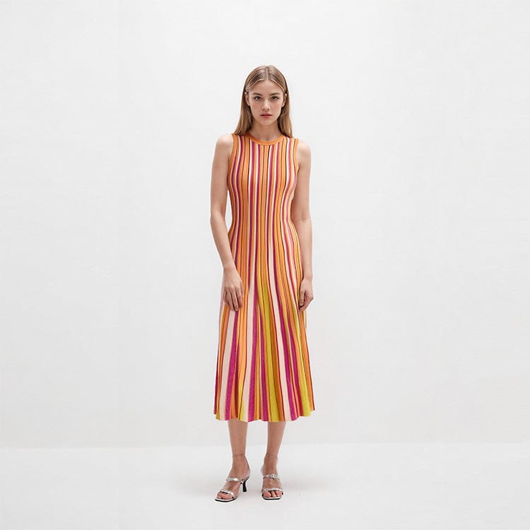 Multicolor Striped Ribbed Knit Sleeveless Midi Dress