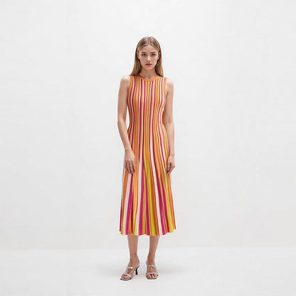 Multicolor Striped Ribbed Knit Sleeveless Midi Dress