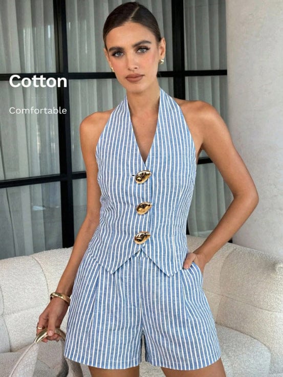 2026 V-Neck Metal Buckle Open-Back Vest and Shorts Set