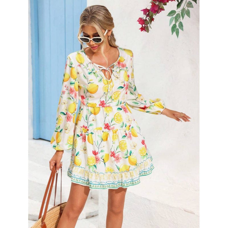2025 Summer Lemon Blossom Print Puff Sleeve Mini Dress - detail