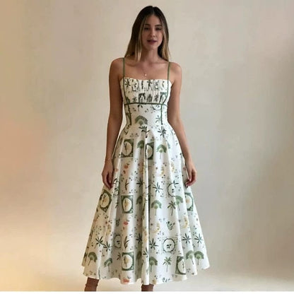 New French Style Printed Strappy Women's Dress