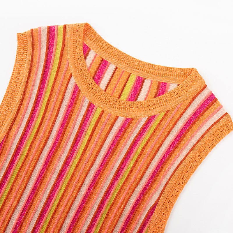 Multicolor Striped Ribbed Knit Sleeveless Midi Dress - detail