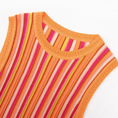 Multicolor Striped Ribbed Knit Sleeveless Midi Dress - detail
