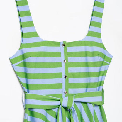 UNIZERA Women's 2026 Summer Striped Wide-Shoulder Strap Belted Dress - detail