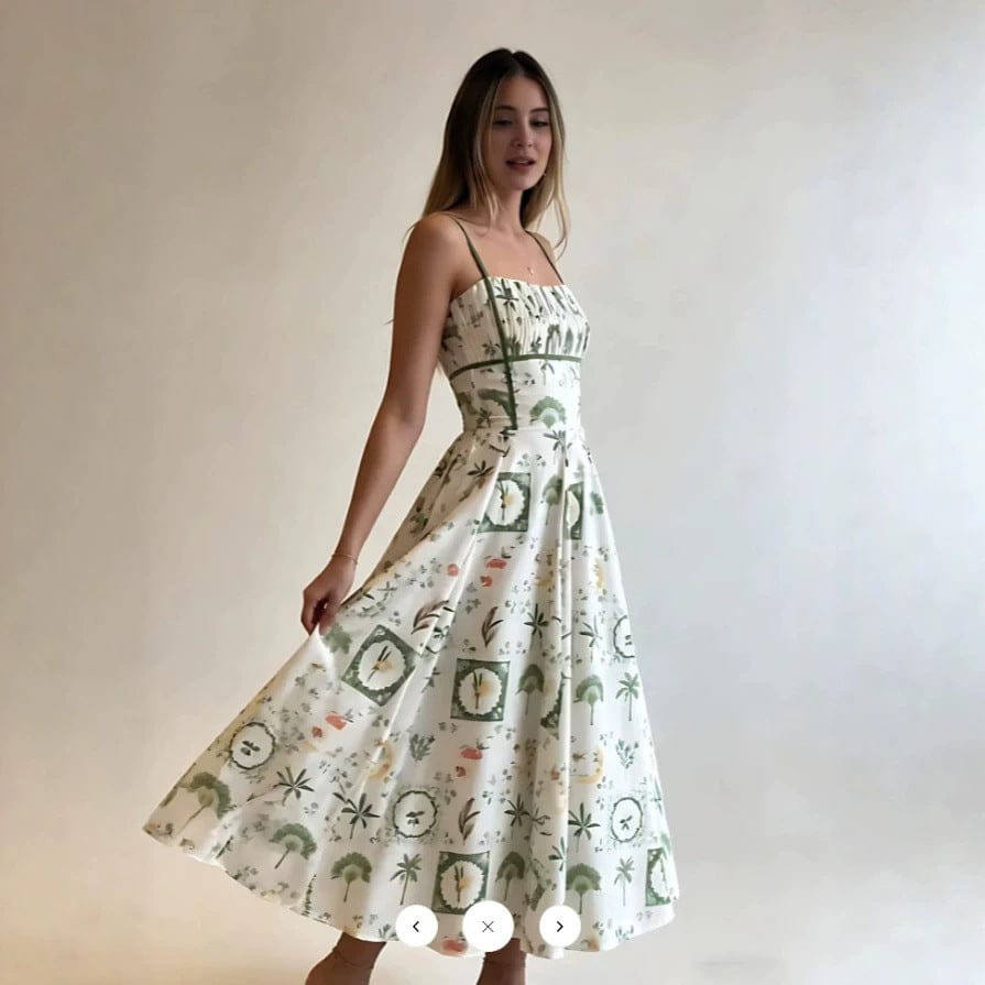 New French Style Printed Strappy Women's Dress - detail