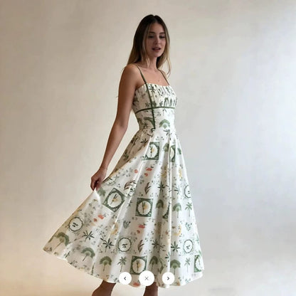 New French Style Printed Strappy Women's Dress - detail