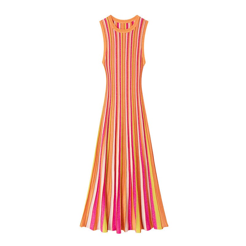 Multicolor Striped Ribbed Knit Sleeveless Midi Dress - detail