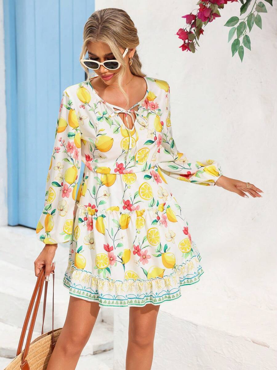 2025 Summer Lemon Blossom Print Puff Sleeve Mini Dress