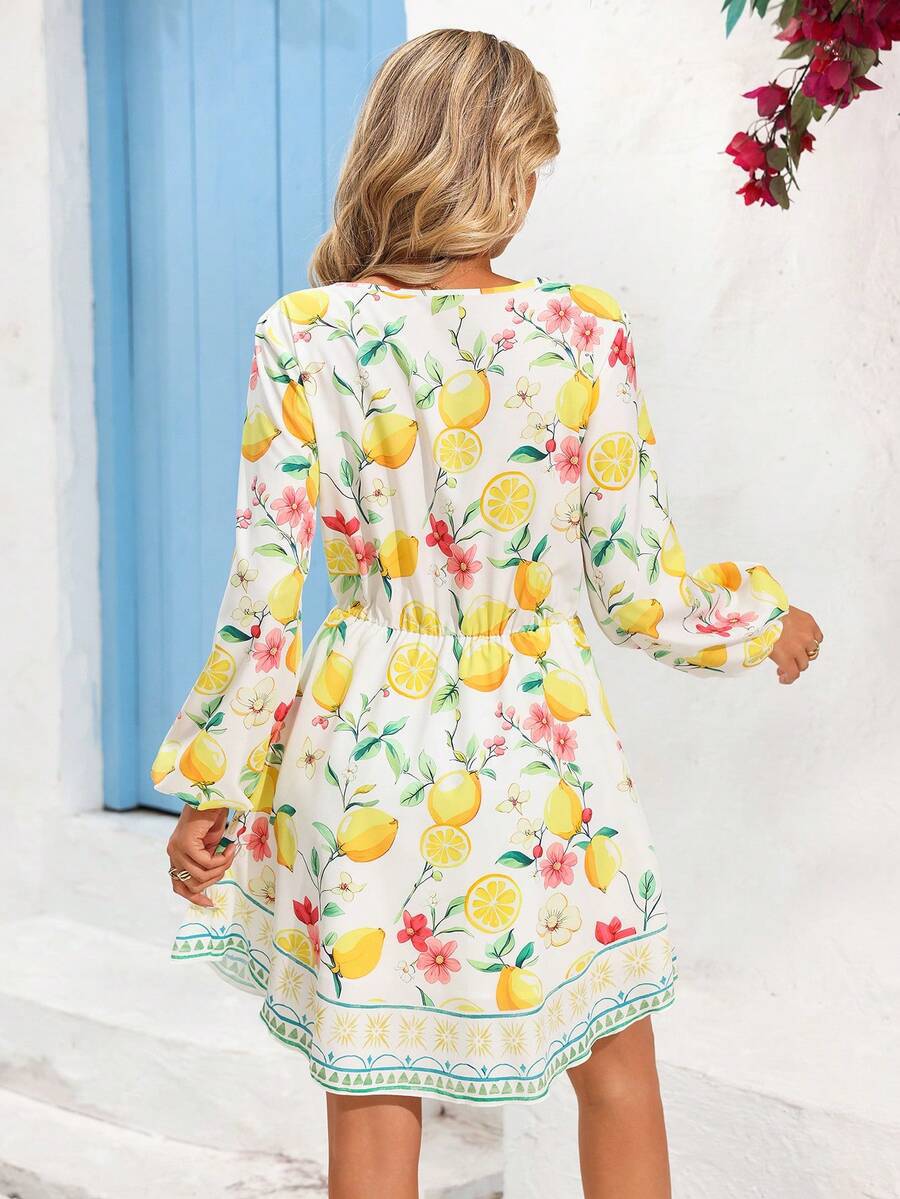 2025 Summer Lemon Blossom Print Puff Sleeve Mini Dress - detail