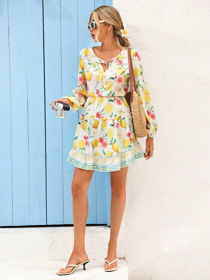 2025 Summer Lemon Blossom Print Puff Sleeve Mini Dress - detail