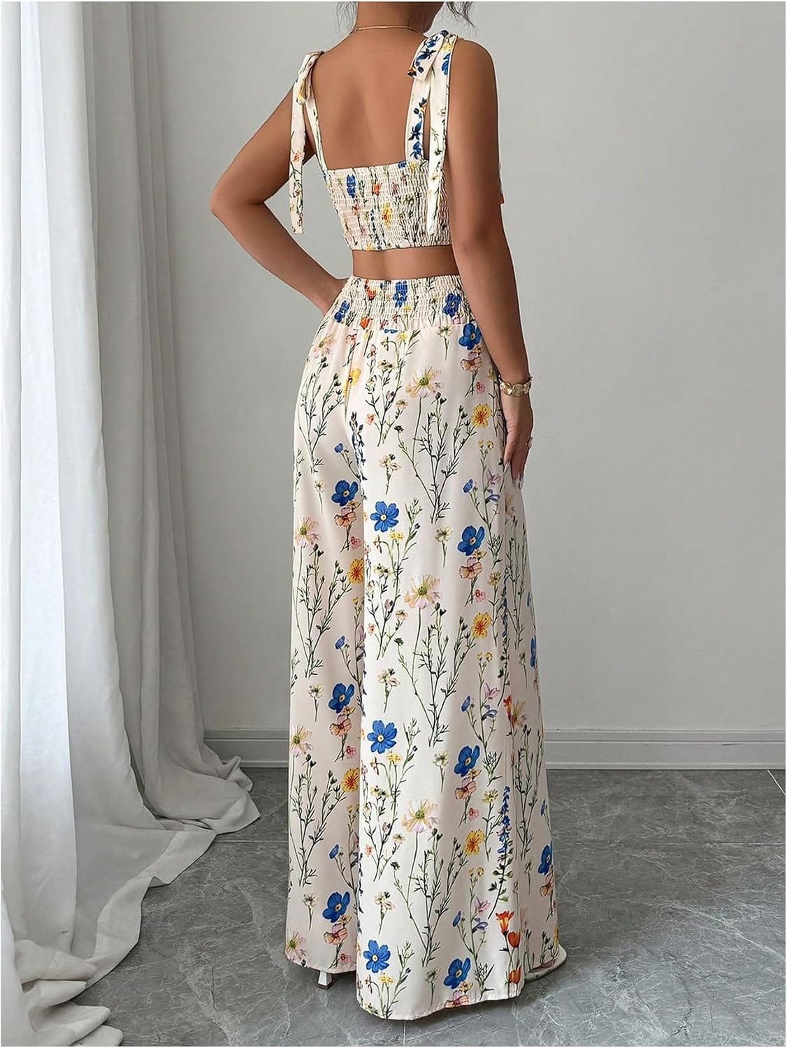 High-Waisted Wide-Leg Printed Pants Two-Piece Set