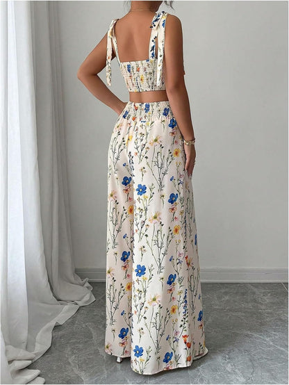 High-Waisted Wide-Leg Printed Pants Two-Piece Set