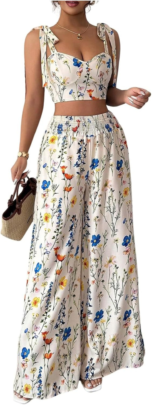 High-Waisted Wide-Leg Printed Pants Two-Piece Set