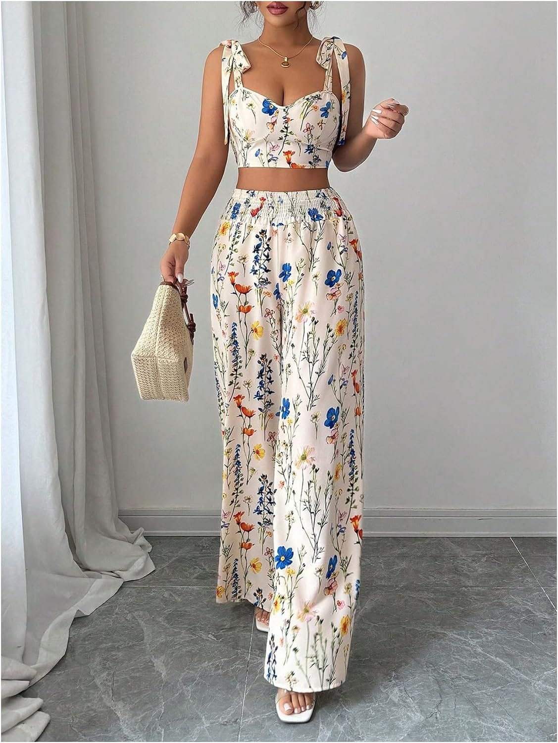 High-Waisted Wide-Leg Printed Pants Two-Piece Set