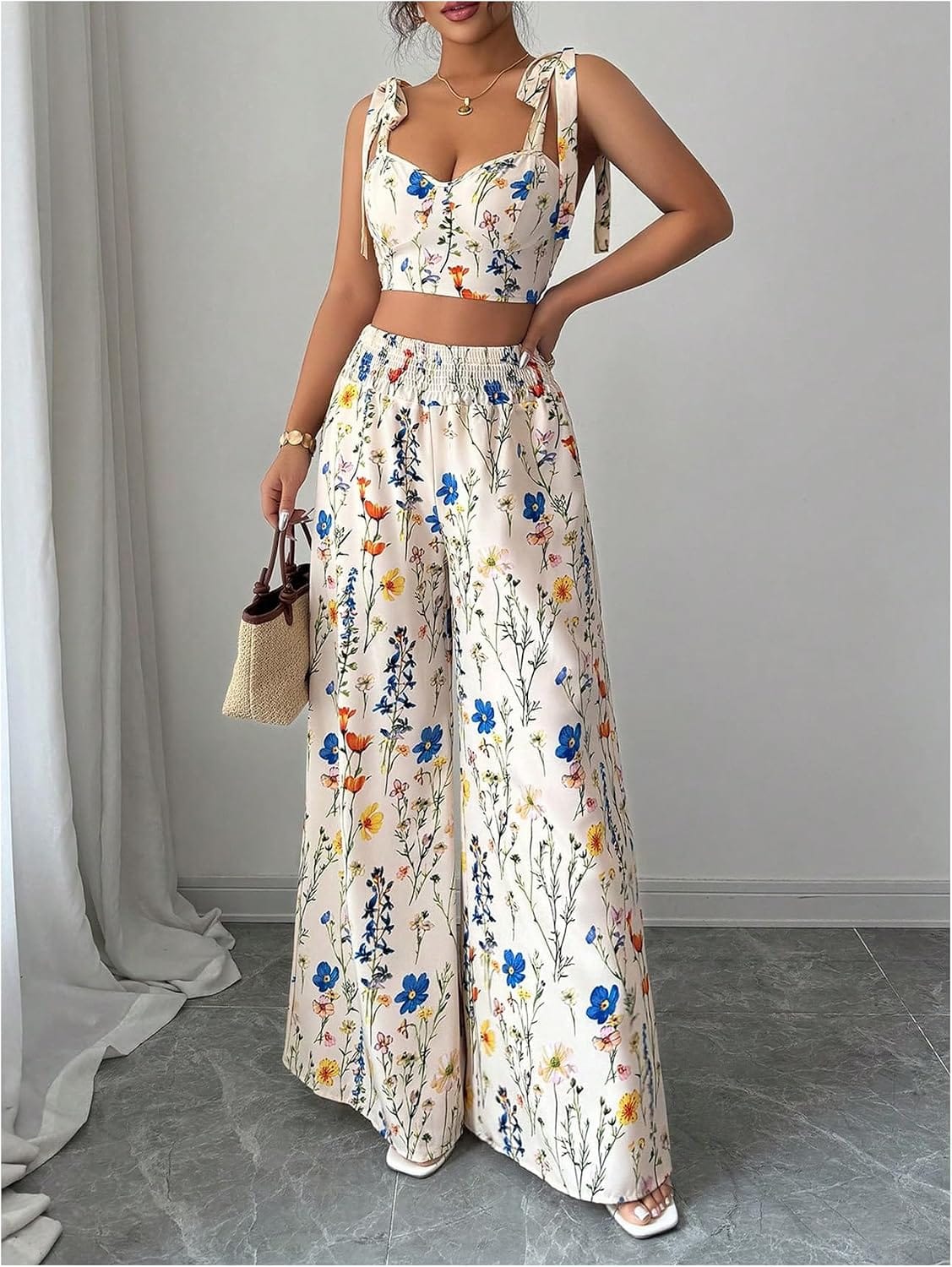 High-Waisted Wide-Leg Printed Pants Two-Piece Set