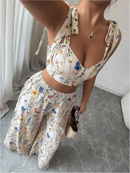 High-Waisted Wide-Leg Printed Pants Two-Piece Set