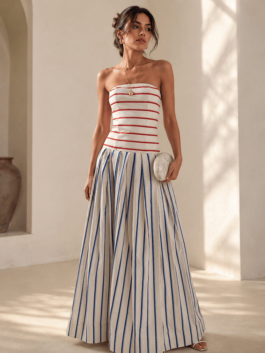 2025 Striped Bandeau Color-Block Dress, Slim Fit, Open Back