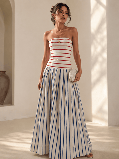 2025 Striped Bandeau Color-Block Dress, Slim Fit, Open Back