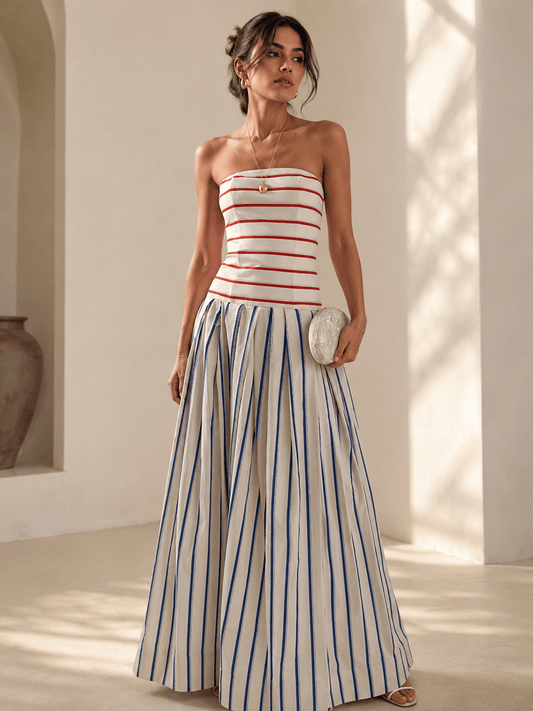 2025 Striped Bandeau Color-Block Dress, Slim Fit, Open Back