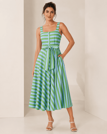 UNIZERA Women's 2026 Summer Striped Wide-Shoulder Strap Belted Dress