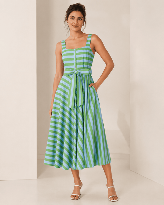 UNIZERA Women's 2026 Summer Striped Wide-Shoulder Strap Belted Dress