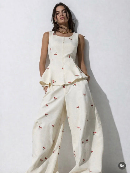 High-Waisted Wide-Leg Printed Pants Two-Piece Set
