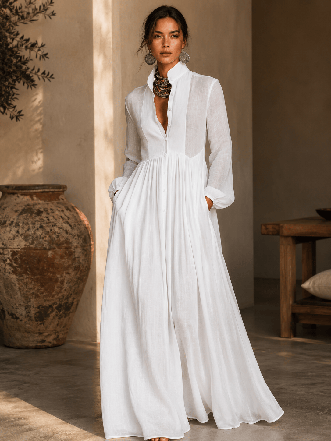 Women's Long-Sleeve High-Waisted Pleated Buttoned Maxi Occasion Dress