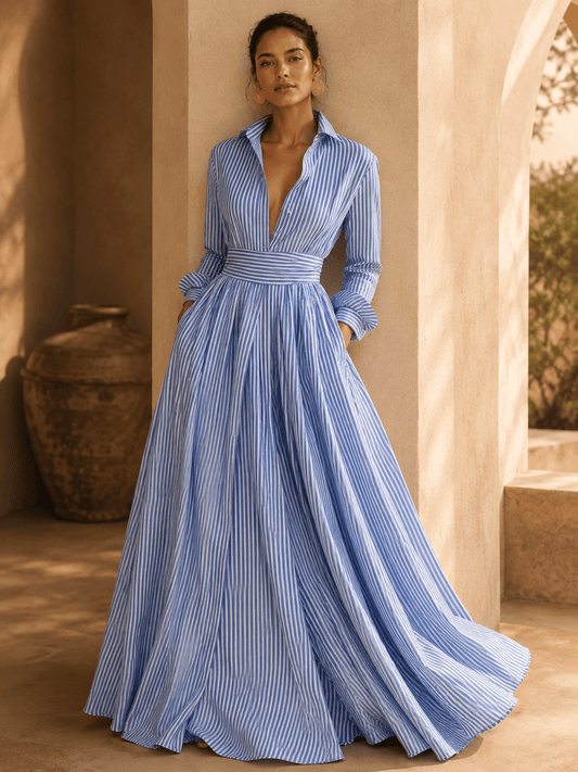 Women's Striped Long-Sleeve Maxi Dress