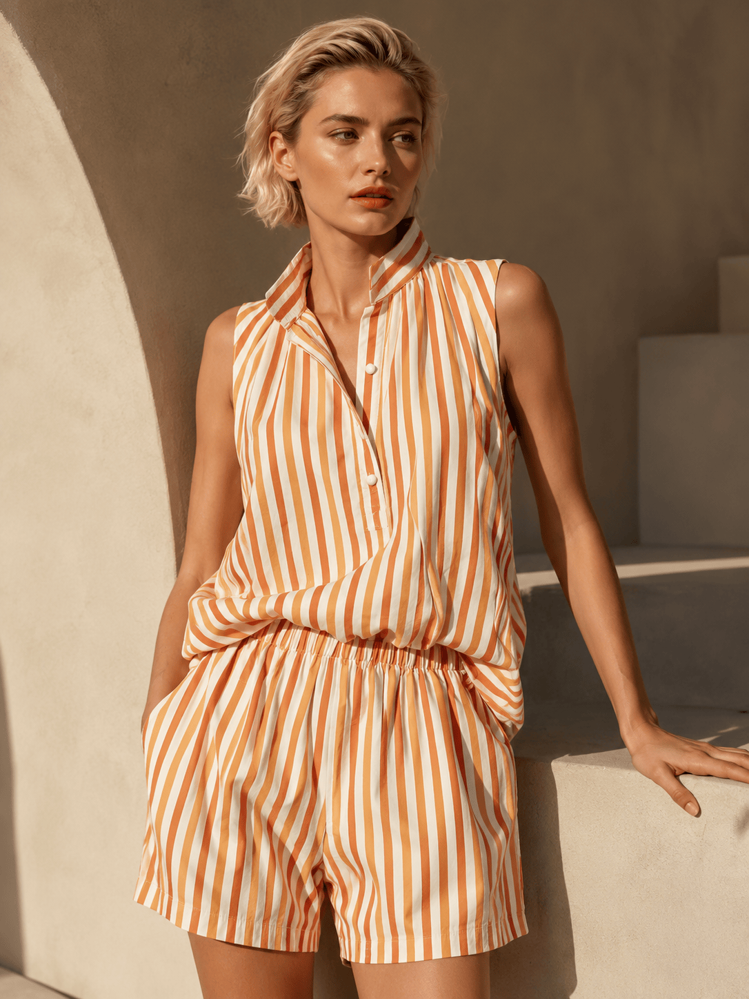 Women's Linen-Blend Striped Sleeveless Relaxed-Fit Shorts Set