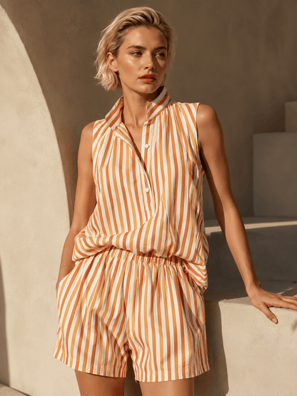 Women's Linen-Blend Striped Sleeveless Relaxed-Fit Shorts Set