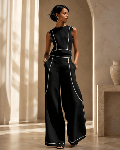 Modern Contrast-Stitch Linen Two-Piece Set