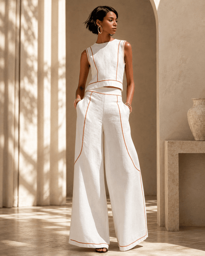 Modern Contrast-Stitch Linen Two-Piece Set
