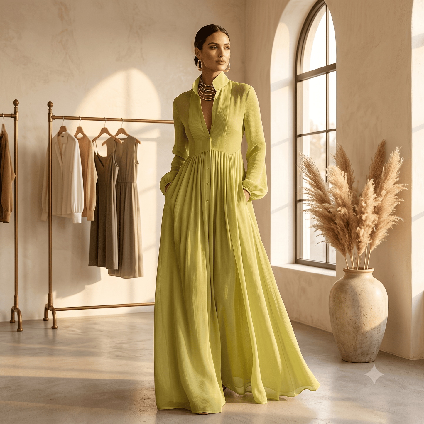 Women's Long-Sleeve High-Waisted Pleated Buttoned Maxi Occasion Dress