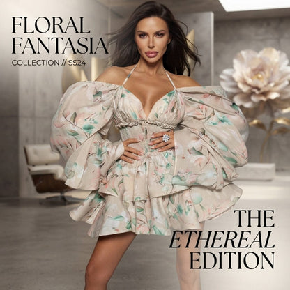 Women's Floral Strappy Long-Sleeve Pleated Mini Occasion Dress